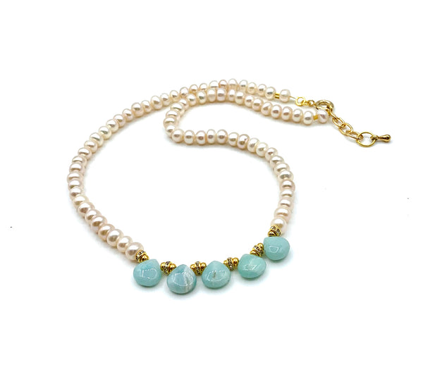 AMAZONITE GEMSTONE AND PEARL GOLD HANDMADE NECKLACE