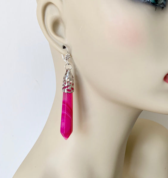 Long Pink Agate Silver Earrings