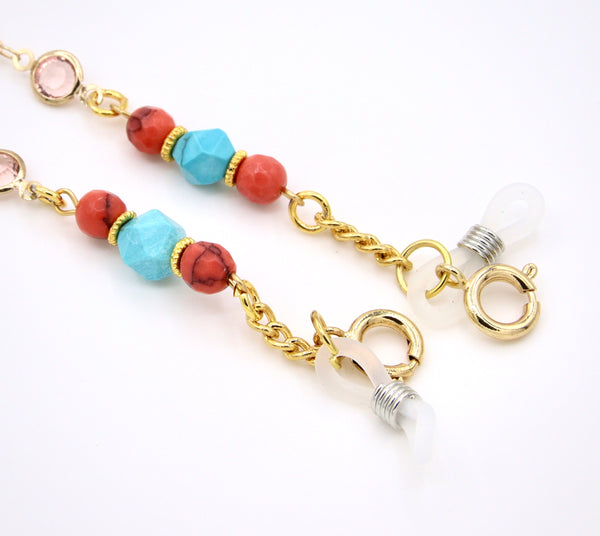 TURQUOISE HOWLITE AND JASPER EYEGLASS AND MASK HOLDER GOLD CHAIN