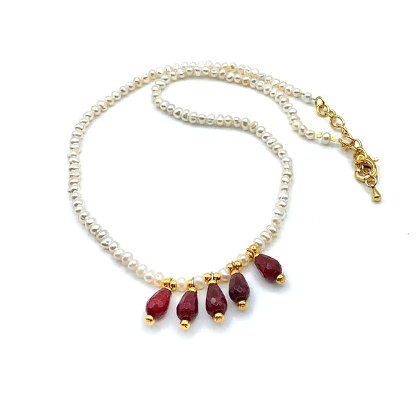 RED TEARDROP JADE AND PEARL GOLD HANDMADE NECKLACE