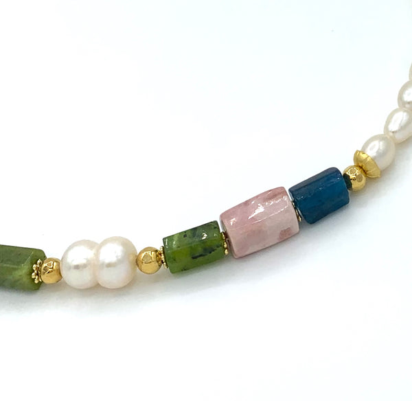 Jade Apatite Rhodochrosite and Pearl Gold Necklace