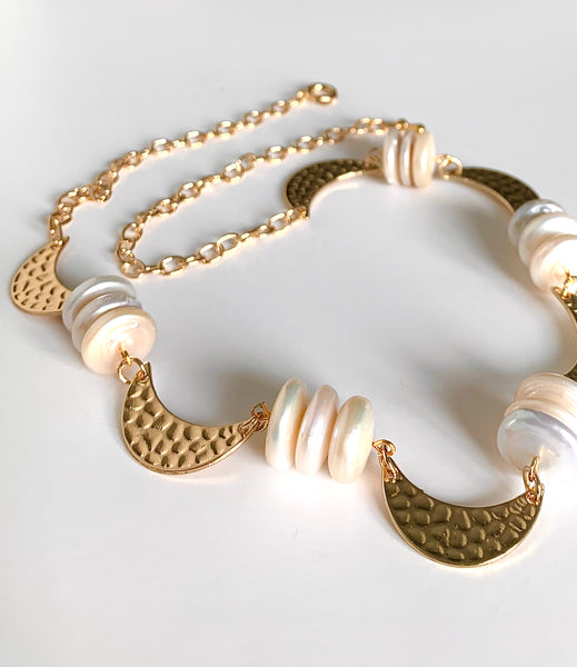 Coin Pearl and Gold Moon Necklace