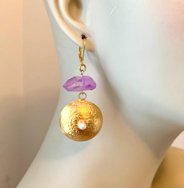 Raw Amethyst and Gold Coin Earrings