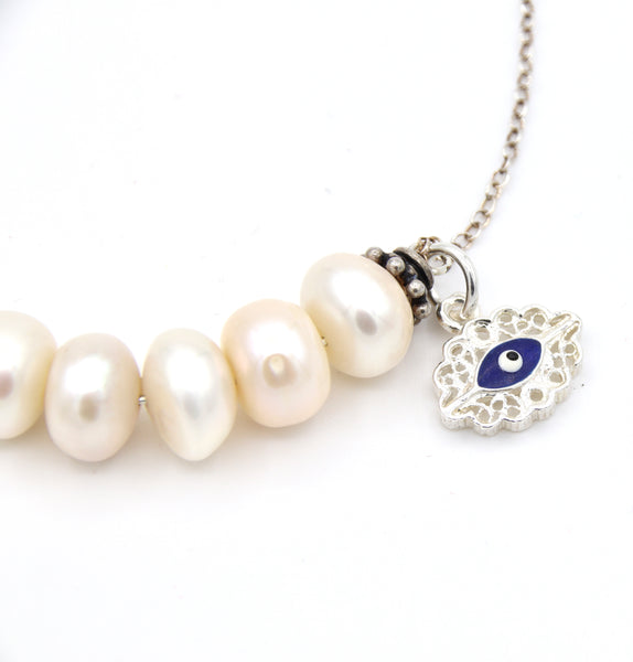 Pearl and Evil Eye Silver Necklace