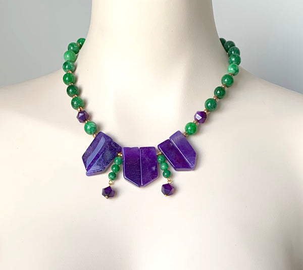 PURPLE AGATE AND GREEN JADE GEMSTONE GOLD HANDMADE NECKLACE