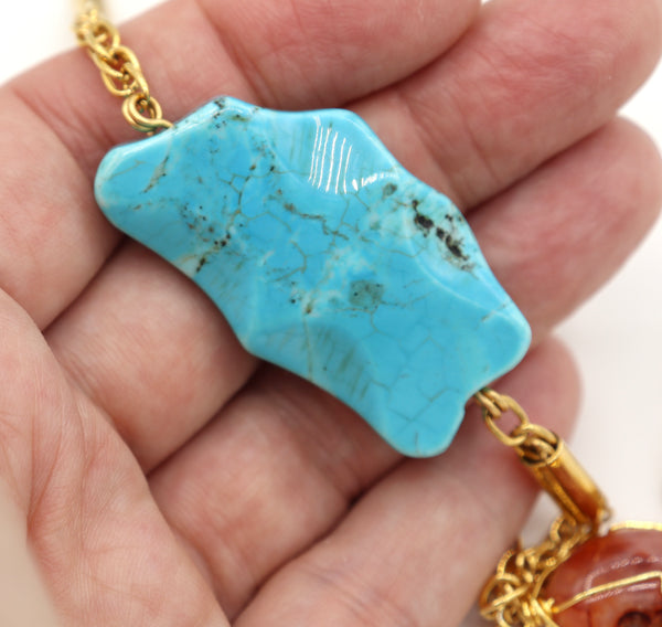 Long Turquoise Agate Gold Necklace