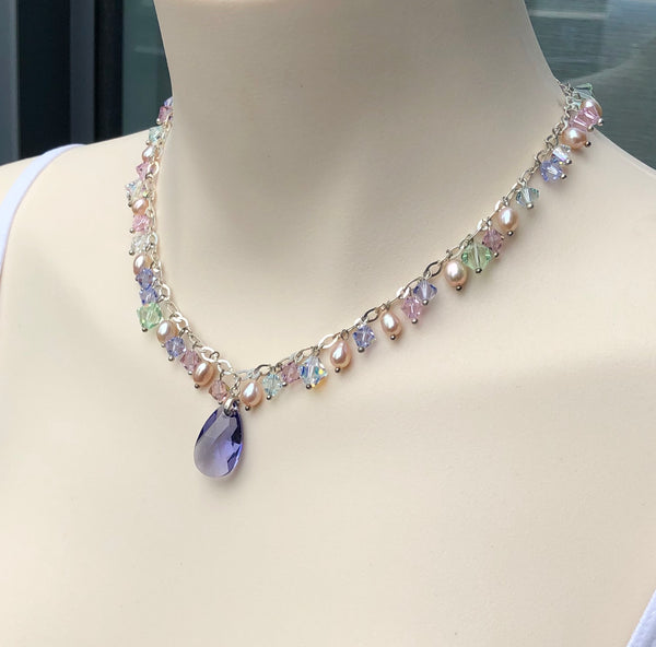 Pearl And Swarovski Crystals Silver Necklace