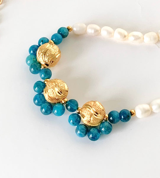 Blue Apatite and Pearl Gold Necklace