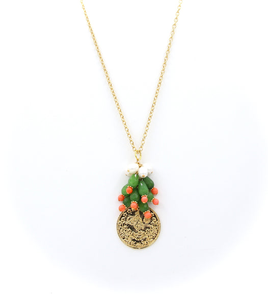JADE CORAL PEARL AND GOLD COIN HANDMADE NECKLACE