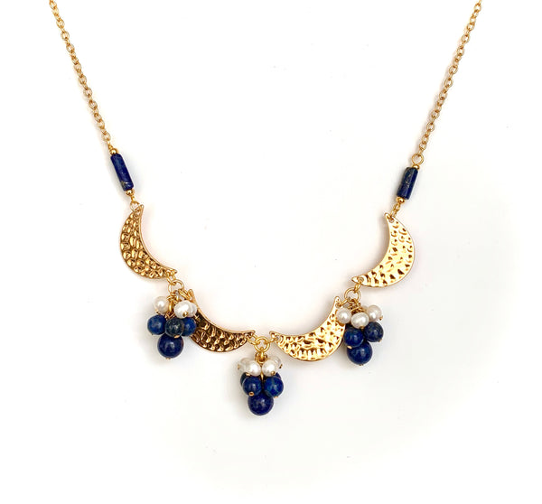 Statement Gold Moon Lapis and Pearl Necklace