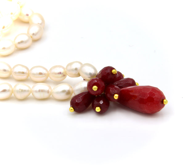 RED JADE CLUSTER AND PEARL HANDMADE GOLD NECKLACE