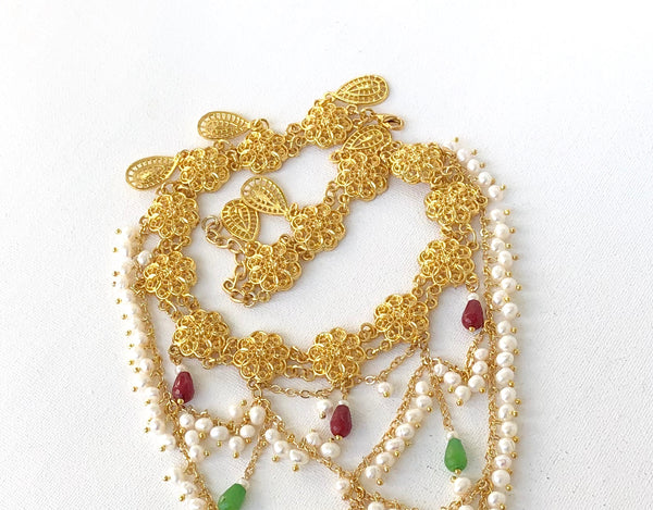 Statement Pearl and Jade Stone Gold Necklace