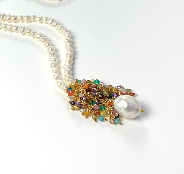GEMSTONE CLUSTER AND PEARL HANDMADE GOLD NECKLACE