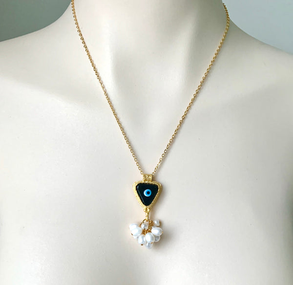 PEARL CLUSTER AND EVIL EYE GOLD HANDMADE NECKLACE