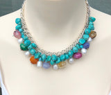 TURQUOISE PEARL AND AGATE GEMSTONES HANDMADE STERLING SILVER STATEMENT NECKLACE