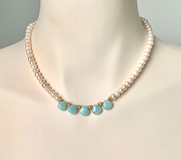 AMAZONITE GEMSTONE AND PEARL GOLD HANDMADE NECKLACE