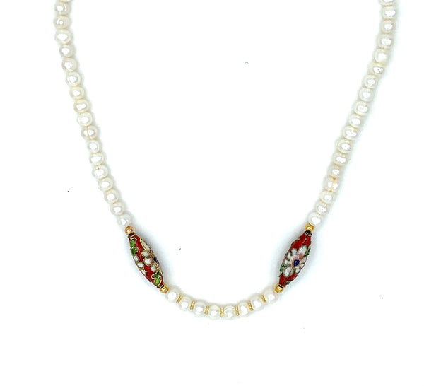 DELICATE PEARL AND RED ENAMELLED GOLD HANDMADE NECKLACE