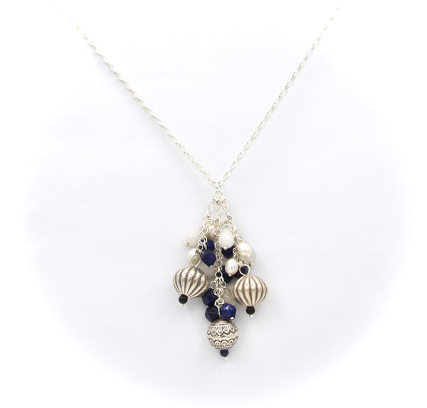 Silver Lapis Lazuli and Pearl Tassel Pendant Necklace