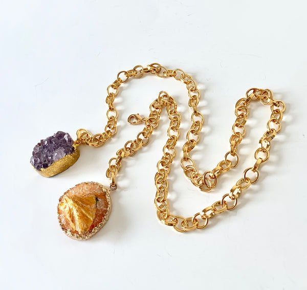 RAW AMETHYST AND JADE HANDMADE LONG GOLD NECKLACE