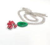 GREEN AGATE GEMSTONE AND RED CORAL HANDMADE SILVER STATEMENT NECKLACE