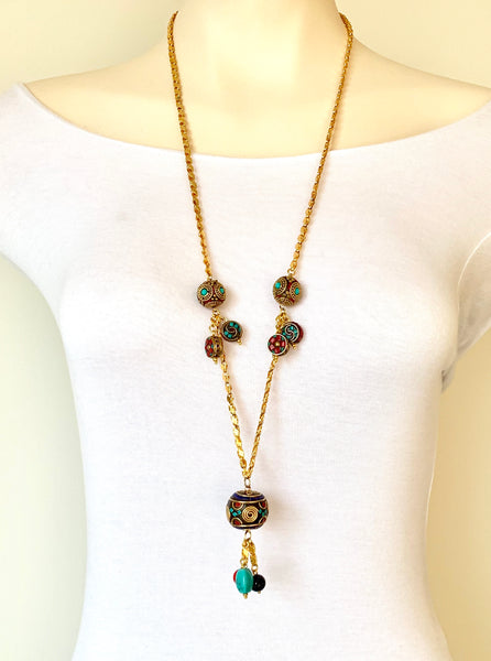 ENAMELLED GOLD CLAY BEADS HANDMADE LONG NECKLACE