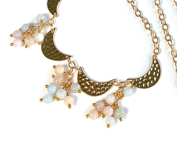 Beryl Mix Cluster Gold Moon Necklace