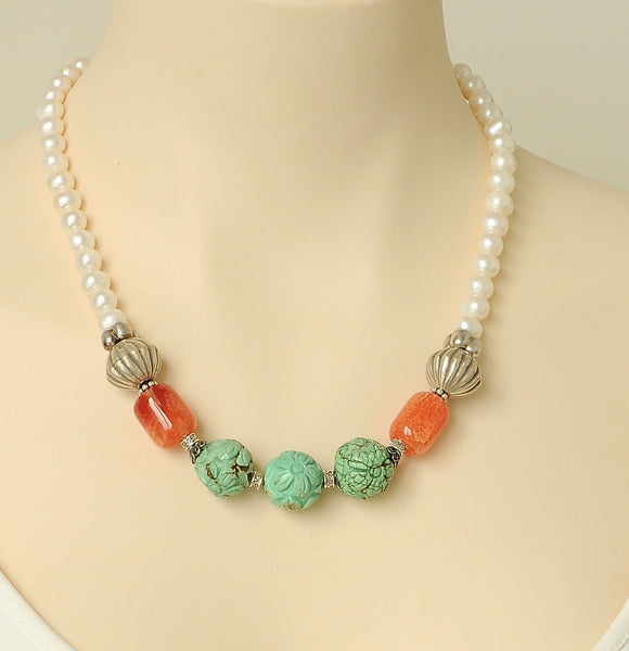 Carved Turquoise And Pearl Silver Necklace