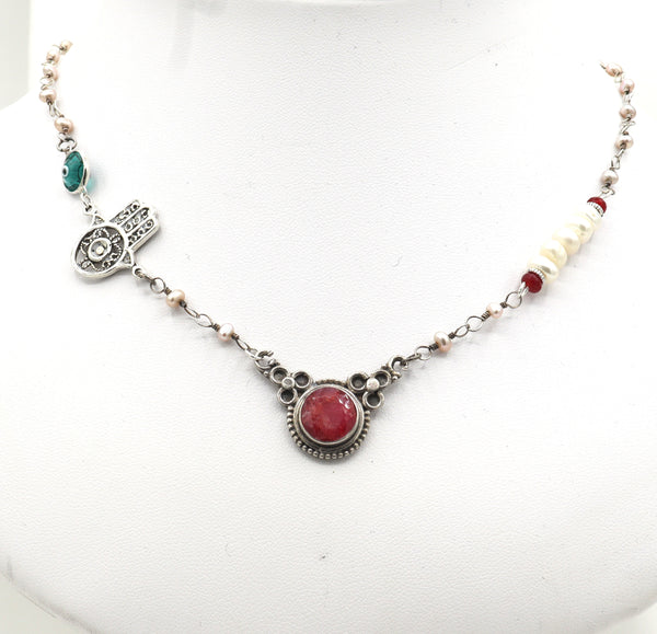 Ruby Stone and Silver Hamsa Hand Necklace