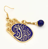 Large Dark Blue Islamic Hamsa Gold Earings