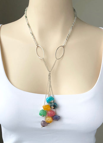 COLOURFUL AGATE TASSEL NECKLACE