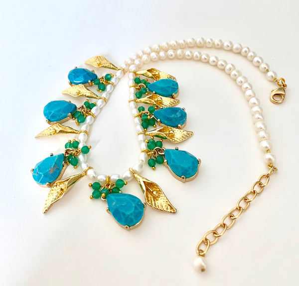 TURQUOISE GOLD LEAF HANDMADE STATEMENT NECKLACE