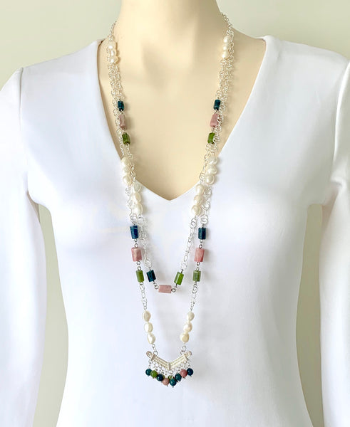 DOUBLE LAYER SILVER GEMSTONE NECKLACE