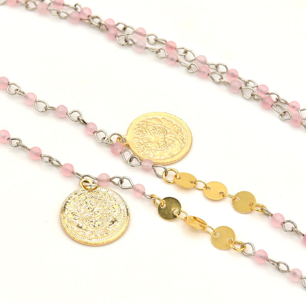 Rose Quartz and Gold Coin Eyeglasses Chain