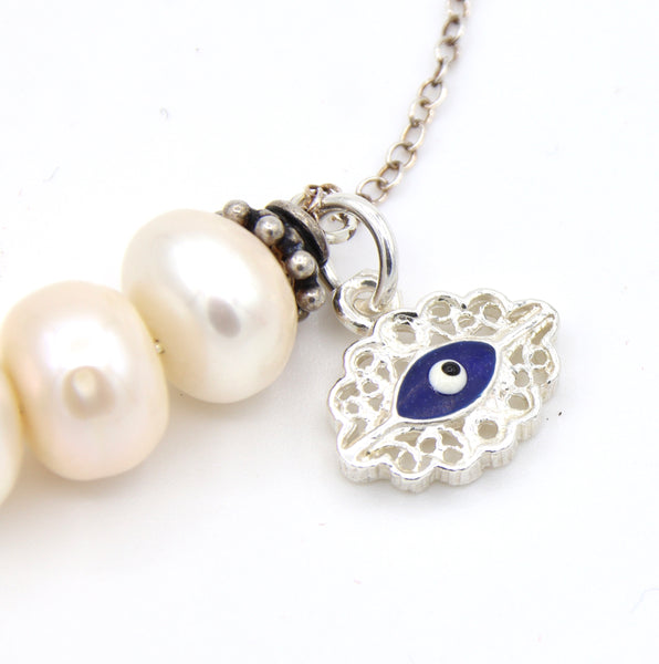 Pearl and Evil Eye Silver Necklace