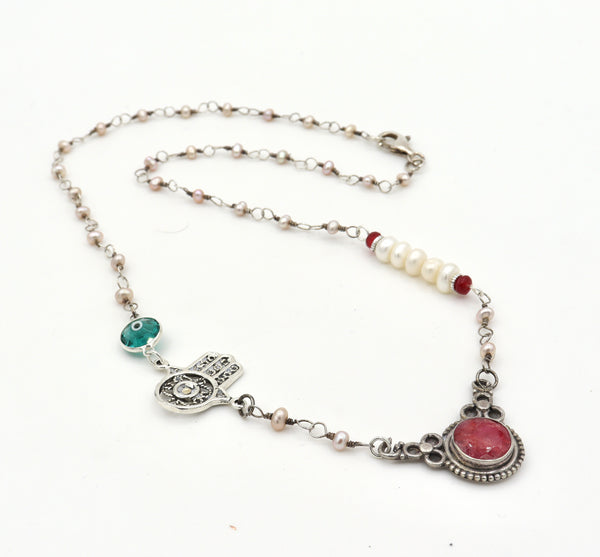 Ruby Stone and Silver Hamsa Hand Necklace