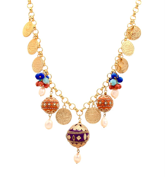 Gold Coin and Multi Gemstone Statement Necklace