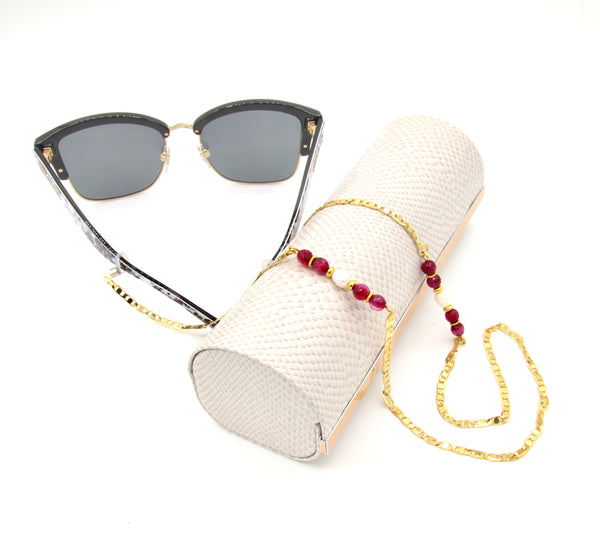 RED AGATE AND PEARL HANDMADE GOLD EYEGLASS CHAIN
