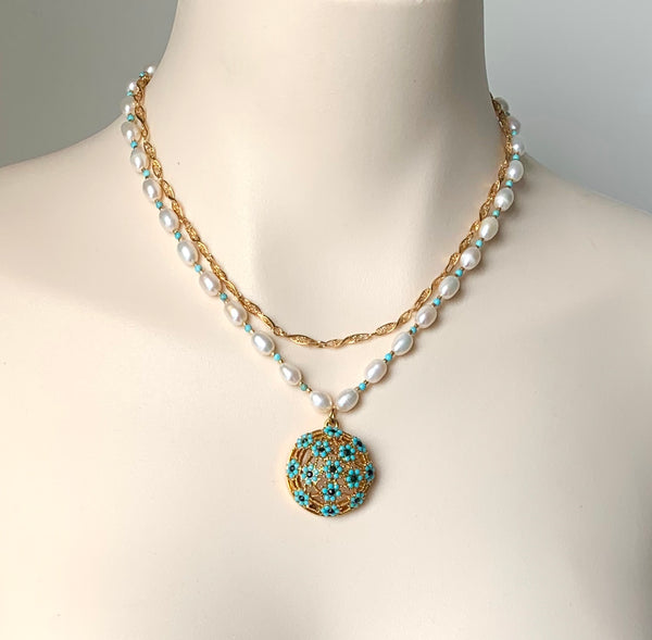 PEARL AND TURQUOISE GEMSTONE HANDMADE GOLD NECKLACE
