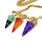 THREE COLOUR AGATE GEMSTONE HANDMADE LONG GOLD NECKLACE