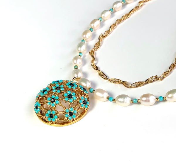 PEARL AND TURQUOISE GEMSTONE HANDMADE GOLD NECKLACE