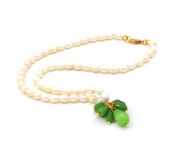 GREEN JADE CLUSTER GEMSTONE AND PEARL GOLD HANDMADE NECKLACE