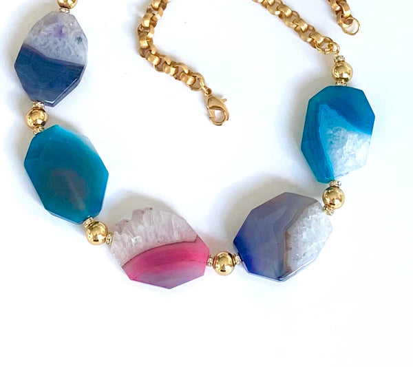 Large Statement Blue Agate Gold Necklace