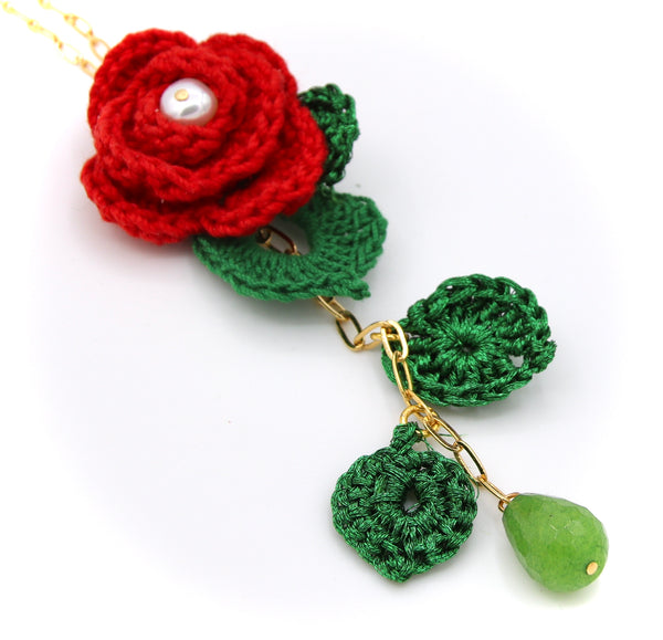 RED FLOWER CROCHET AND GEMSTONE GOLD NECKLACE