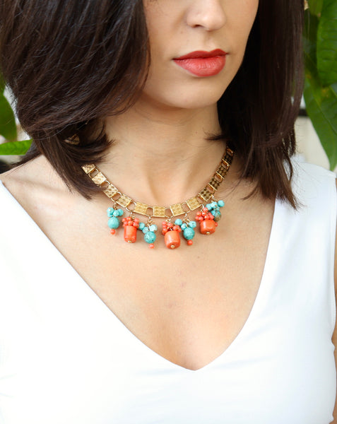 STATEMENT CORAL AND TURQUOISE GOLD HANDMADE NECKLACE