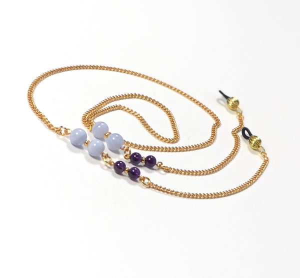BLUE LACE AGATE AND AMETHYST HANDMADE GOLD EYEGLASS CHAIN