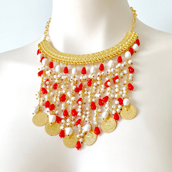 Statement Coral And Pearl Gold Necklace