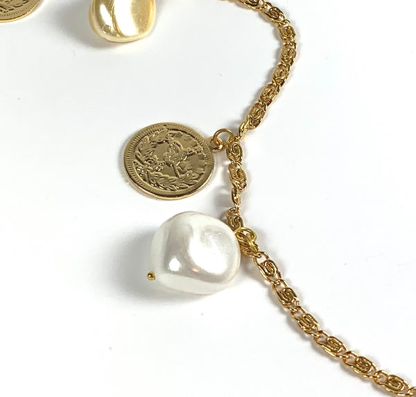 SHELL PEARL AND GOLD COIN HANDMADE LONG NECKLACE