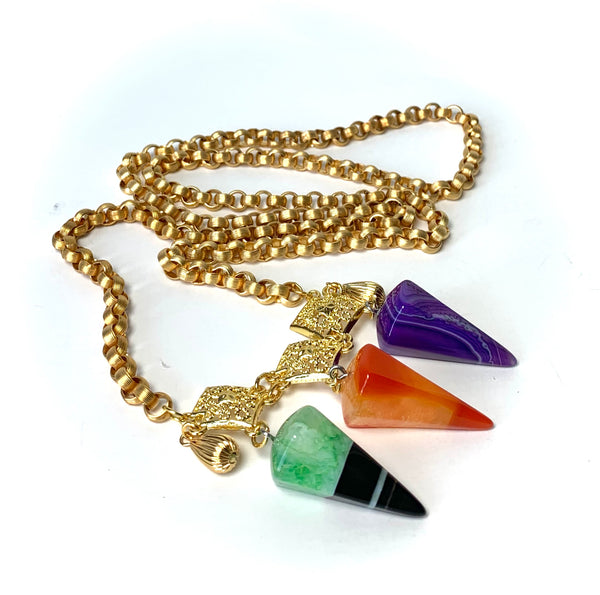 THREE COLOUR AGATE GEMSTONE HANDMADE LONG GOLD NECKLACE