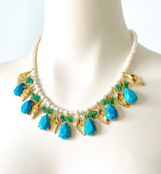 TURQUOISE GOLD LEAF HANDMADE STATEMENT NECKLACE