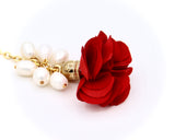 RED FLOWER AND PEARL GOLD HANDMADE EARRINGS